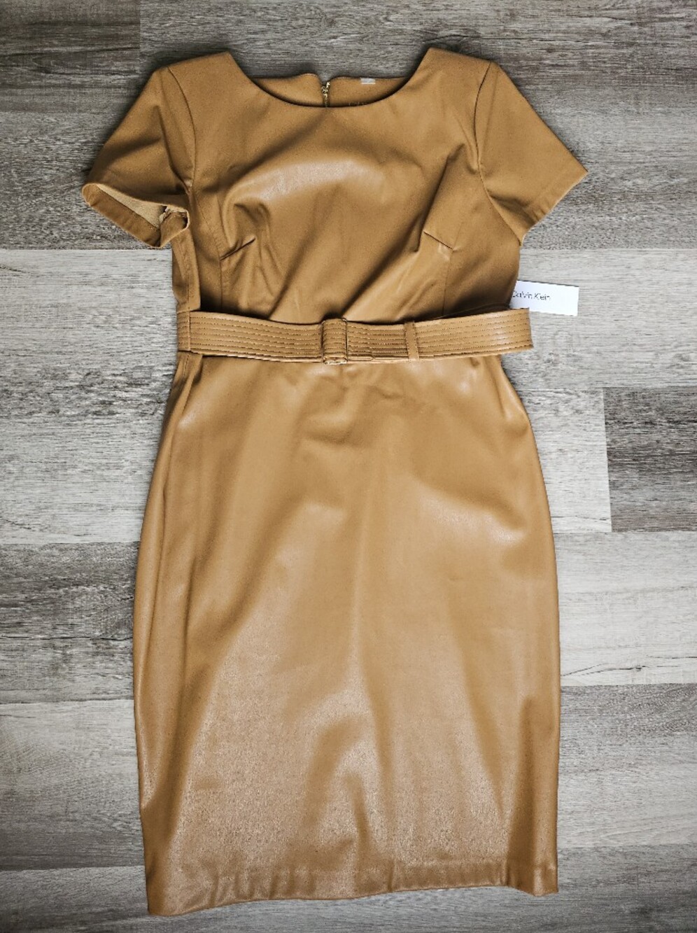 Calvin Klein Faux Leather Belted Sheath Dress NWT Luggage Brown - Picture 2 of 16